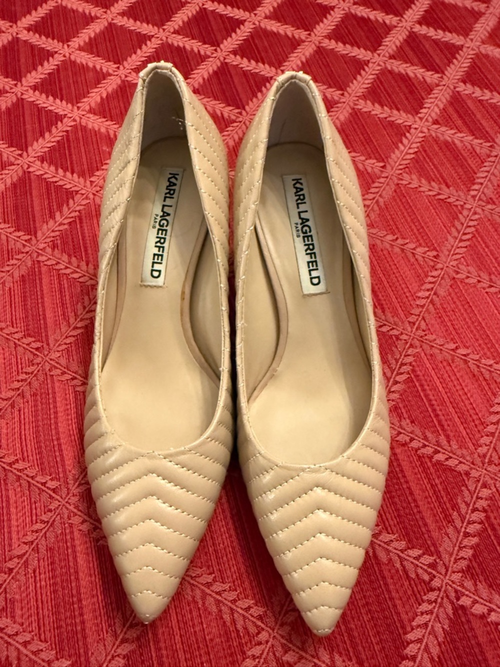 Karl Lagerfeld Quilted Pointed-Toe Kitten Heel in Beige